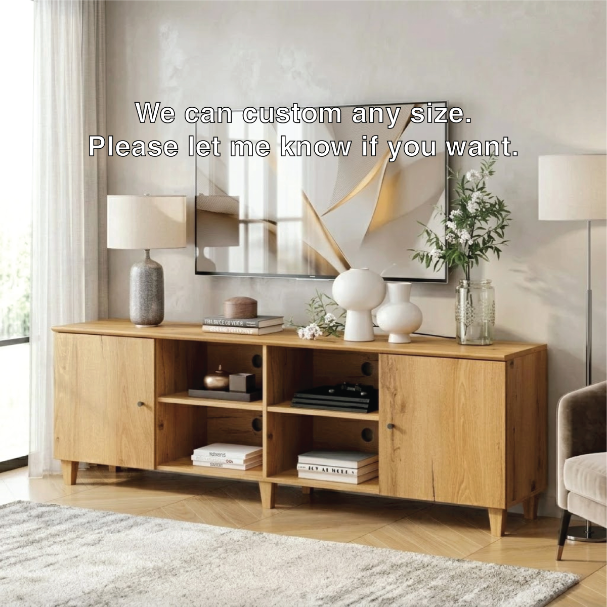 Modern Solid Wood TV Stand with Open Cubes and Side Cabinets Media Console