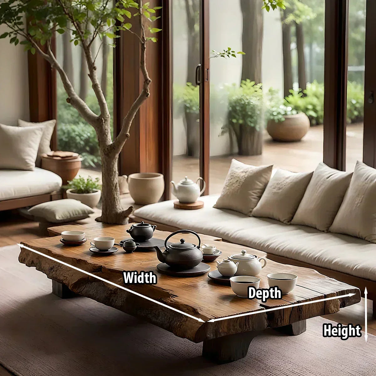 Japanese Style Solid Wood Tea Table with Live Edge Slab Top