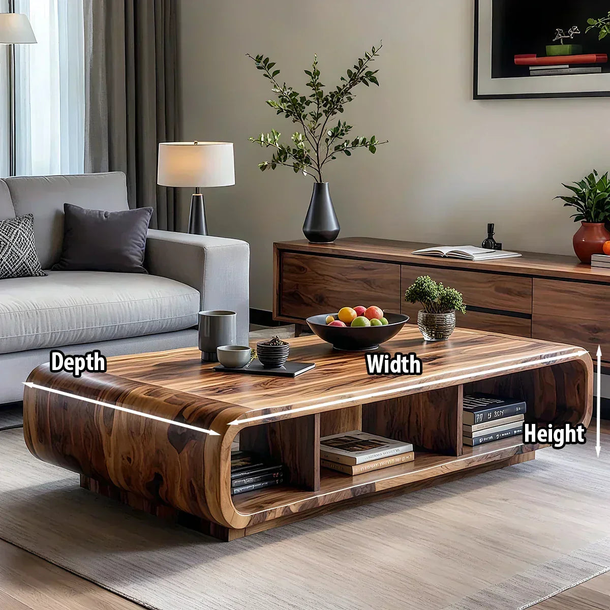 Live Edge Curved Wood Coffee Table with Open Shelf Storage