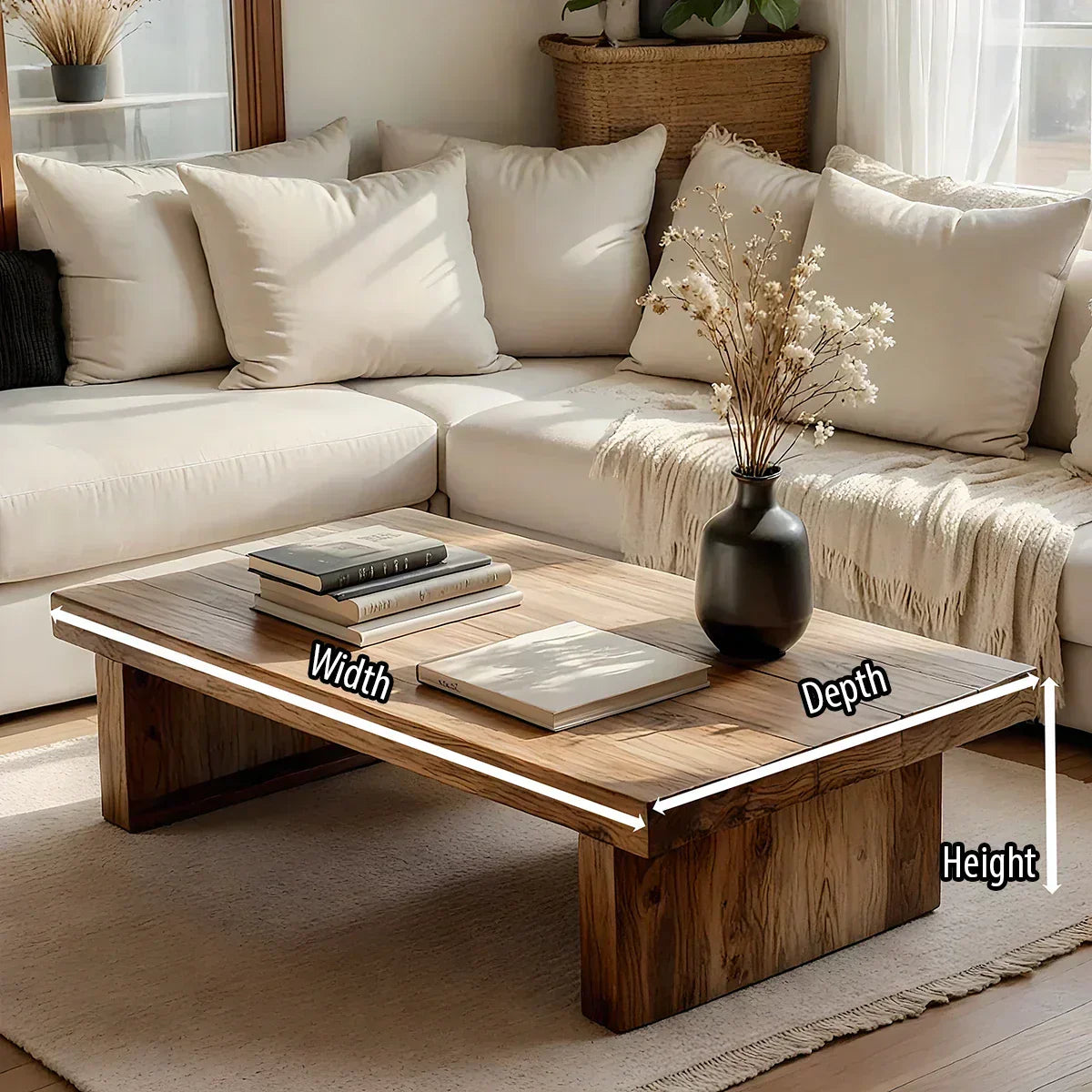 Minimalist Solid Wood Coffee Table Rustic Low Block Center Table