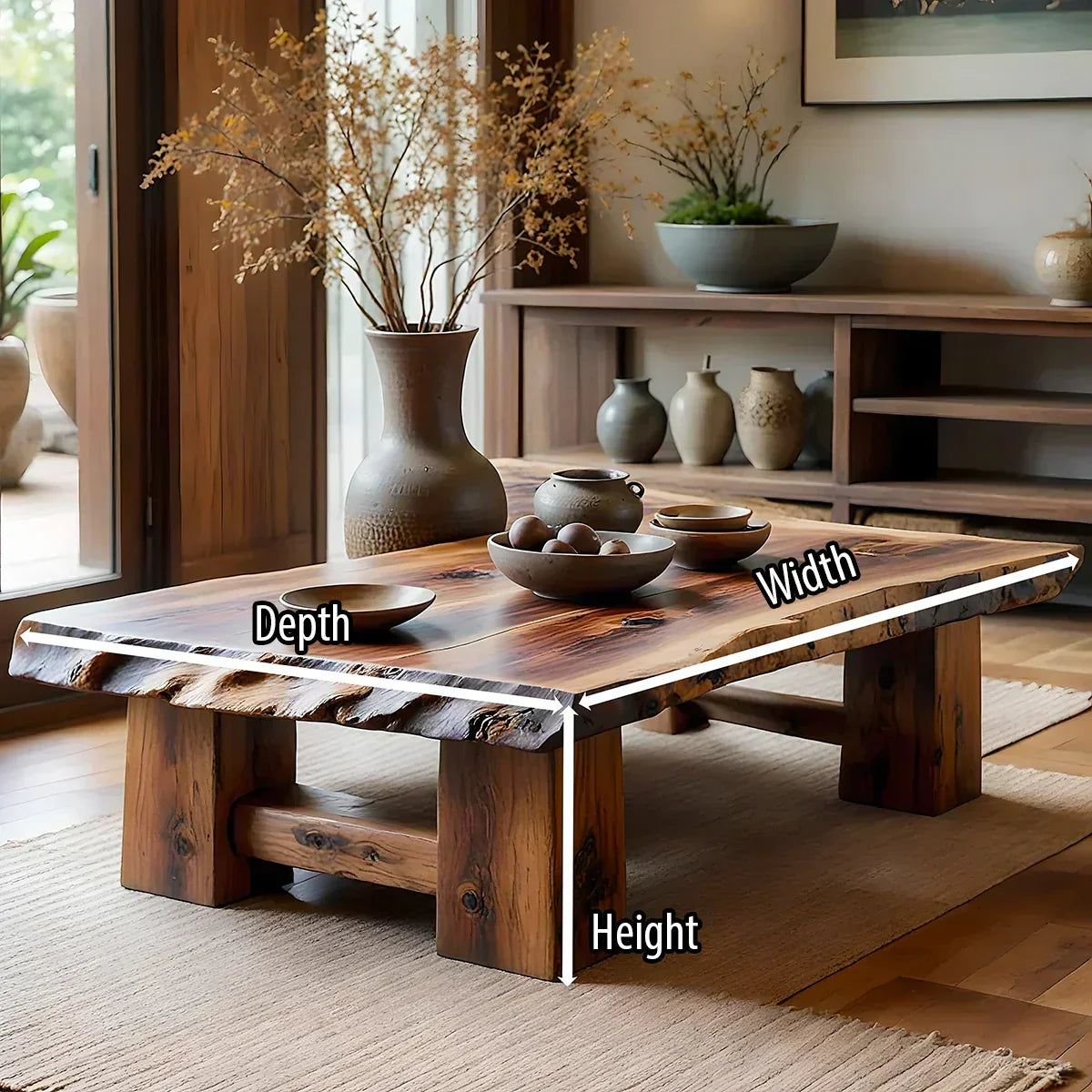 Rustic Solid Wood Coffee Table with Live Edge Top and Thick Block Legs