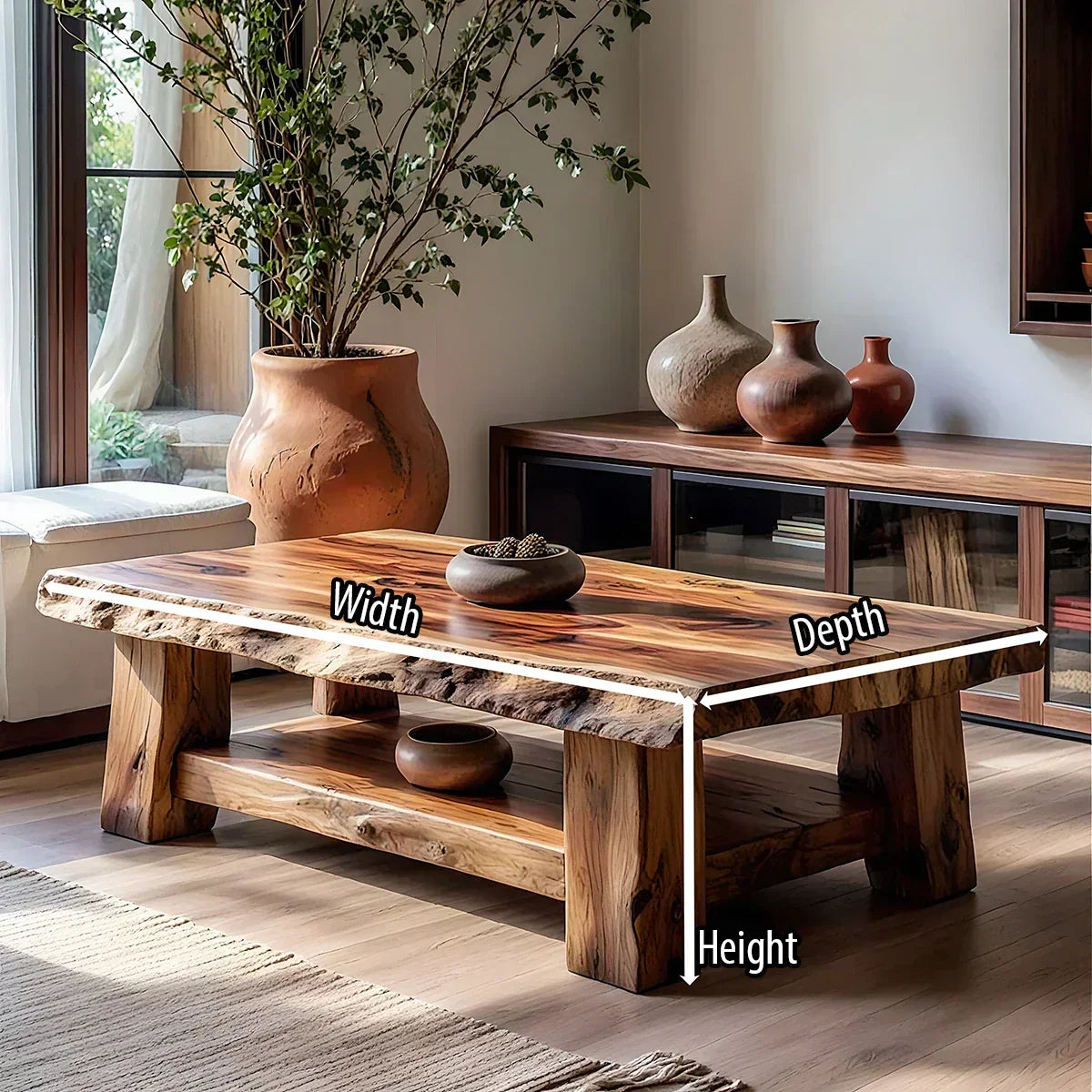 Live Edge Solid Wood Coffee Table with Lower Shelf and Rustic Frame