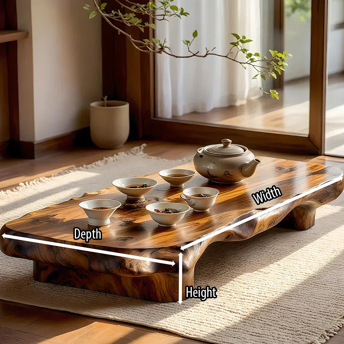 Organic Solid Wood Tea Table with Sculpted Base and Live Edge Form