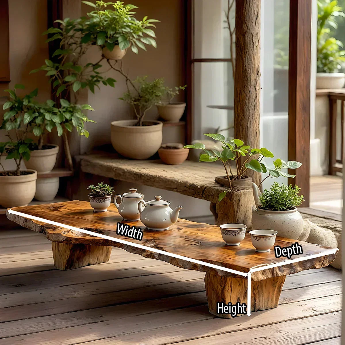 Handcrafted Solid Wood Tea Table with Live Edge and Rustic Block Base
