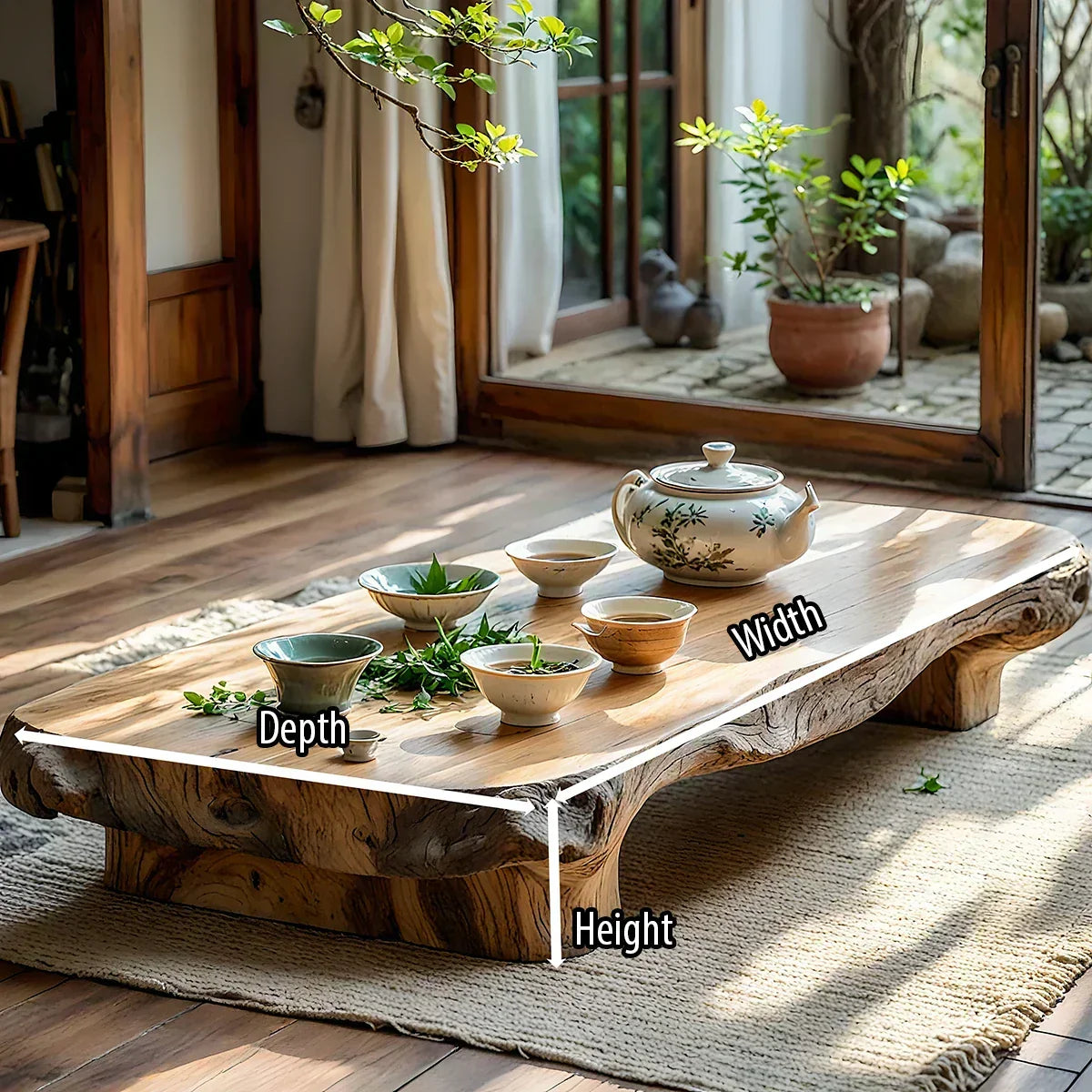 Low Solid Wood Tea Table with Natural Live Edge and Organic Base