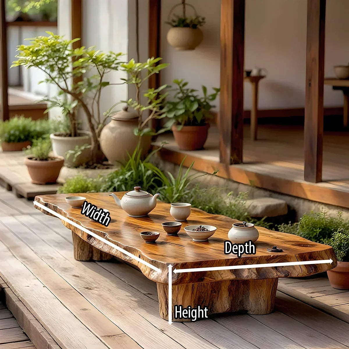 Low Profile Solid Wood Coffee Table with Live Edge and Rustic Base