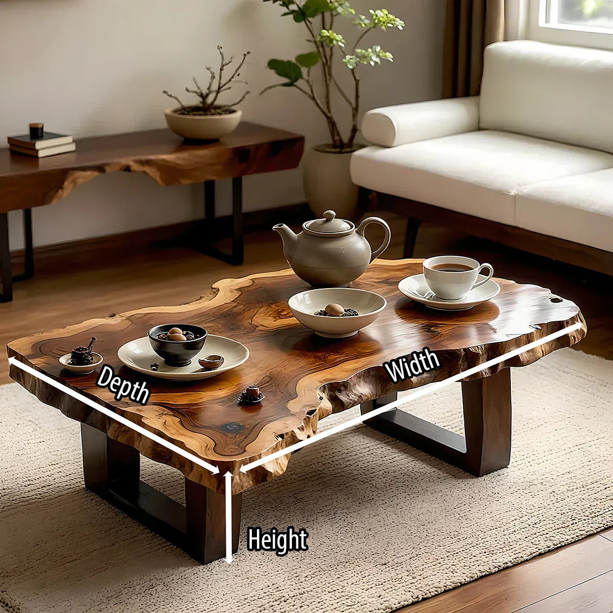 Organic Live Edge Solid Wood Coffee Table with Sculpted Natural Form