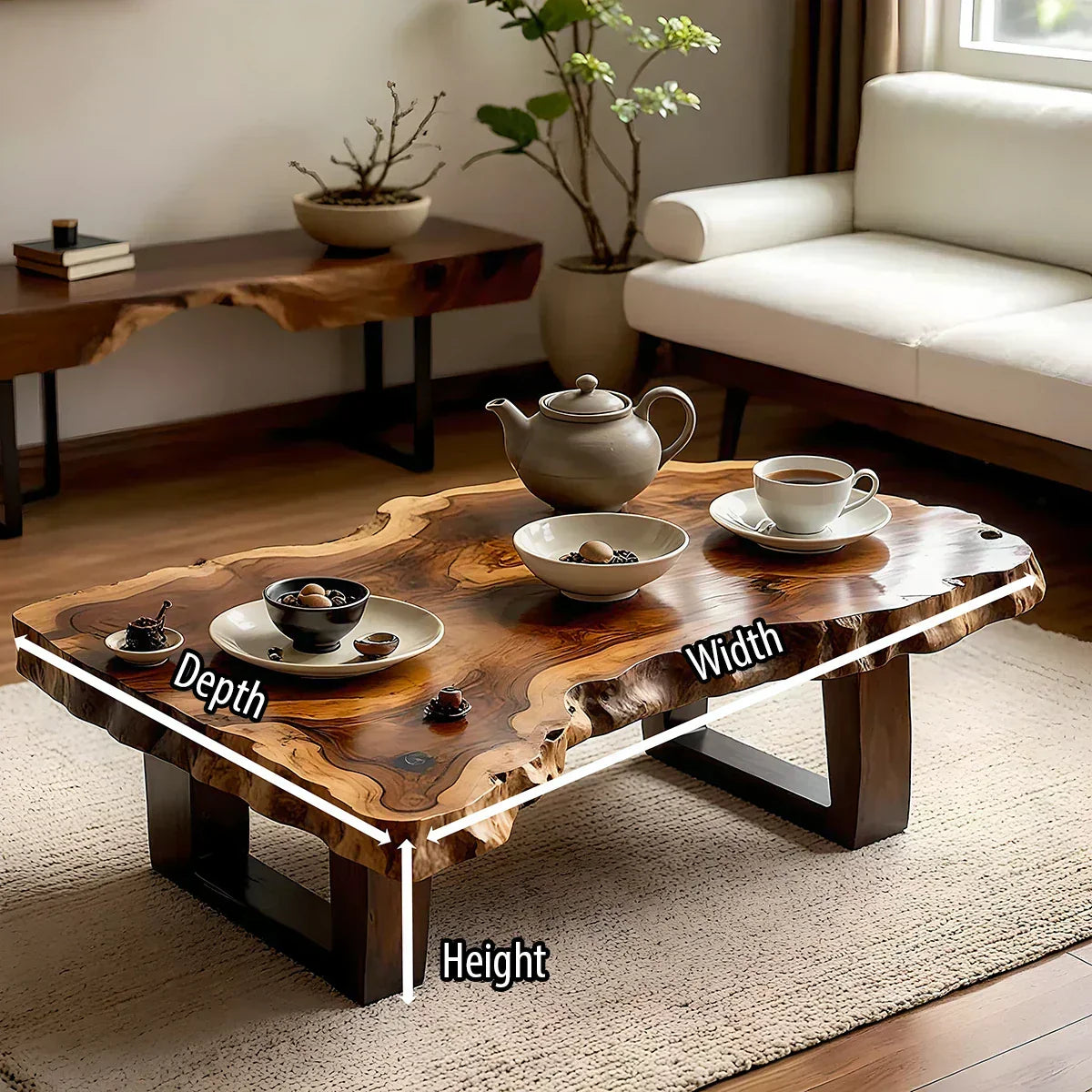 Organic Live Edge Solid Wood Coffee Table with Sculpted Natural Form