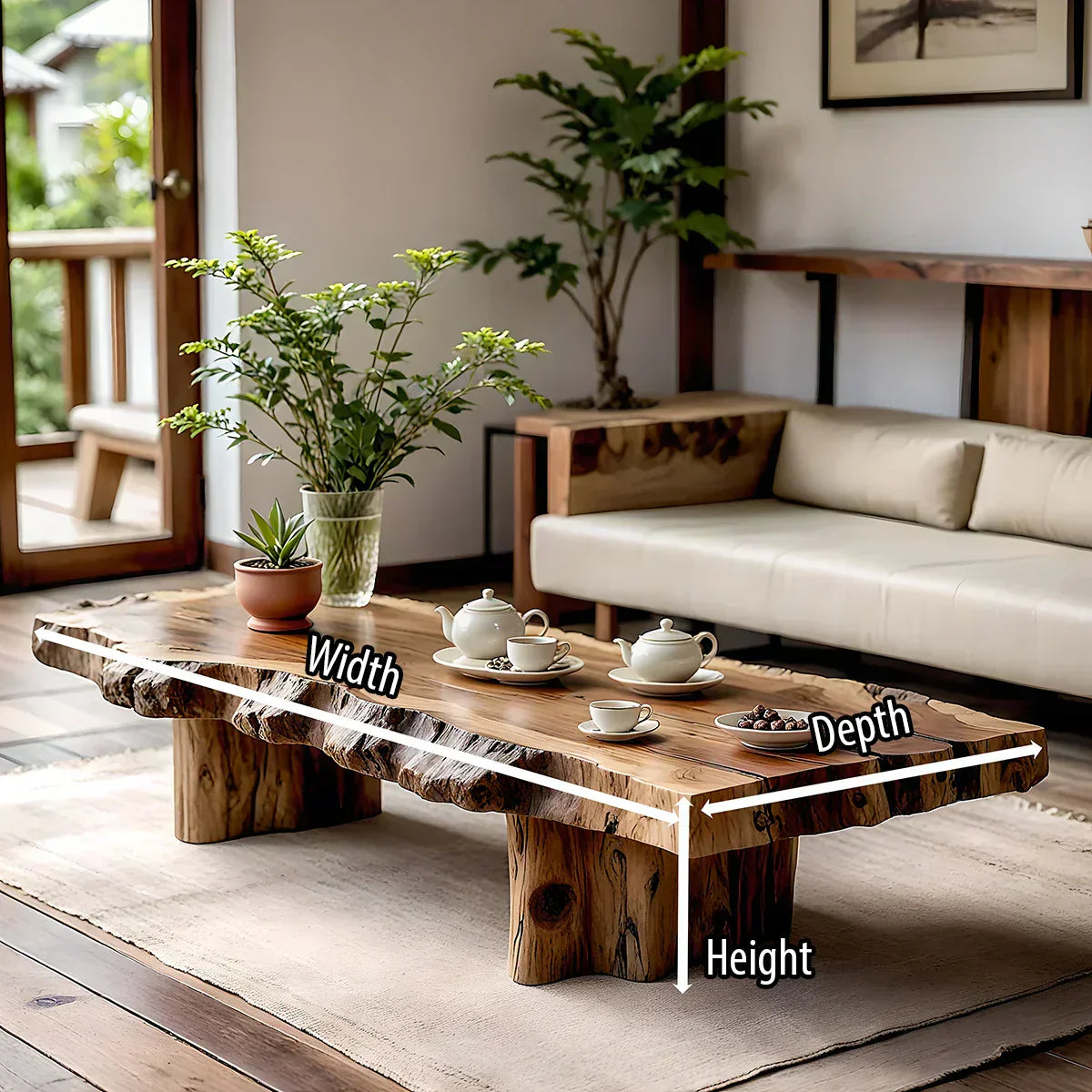 Live Edge Coffee Table in Solid Wood with Rustic Block Base