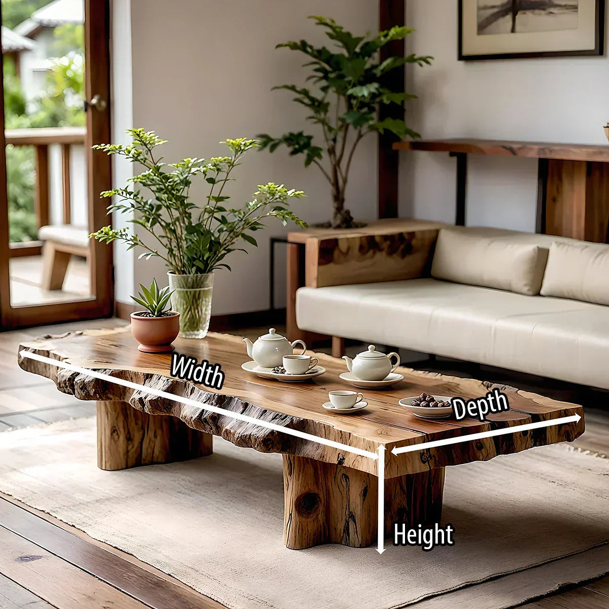 Live Edge Coffee Table in Solid Wood with Rustic Block Base