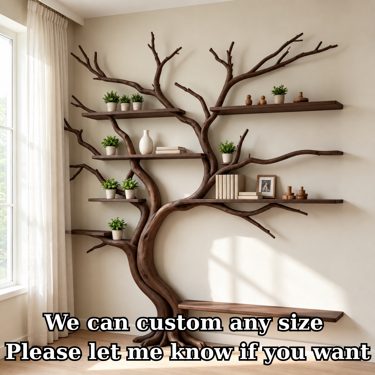 Handcrafted Sculptural Tree Bookshelf Solid Wood Branch Shelving Unit