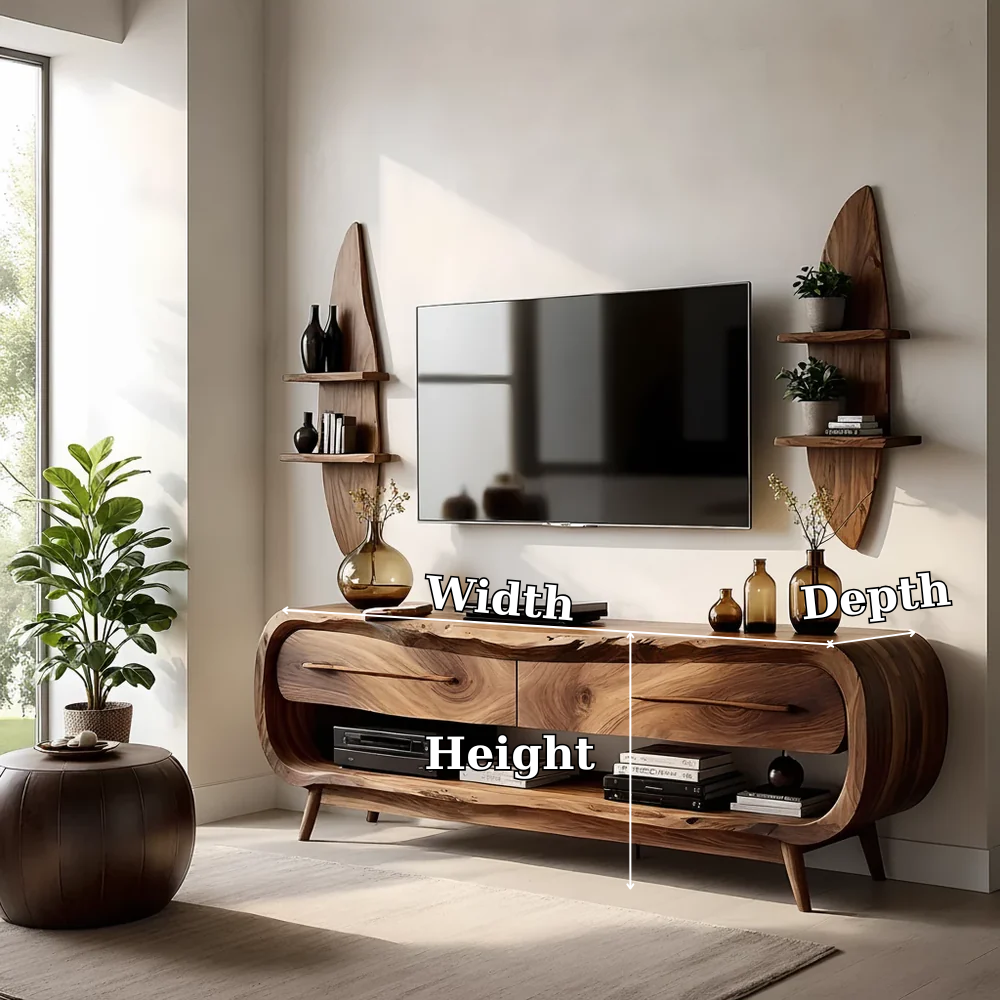 Solid Wood TV Stand Modern Walnut Media Console with Curved Design and Storage