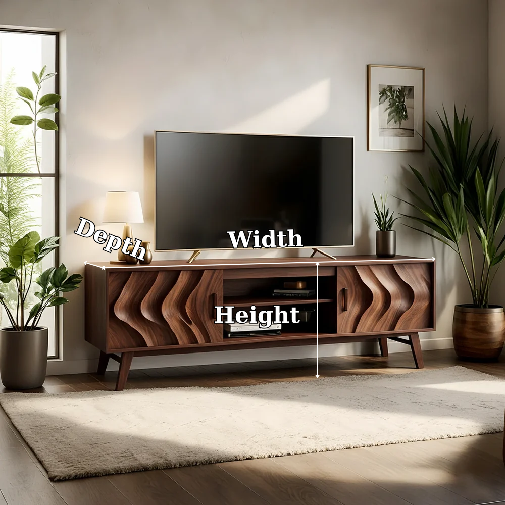 Solid Wood TV Stand Modern Walnut Media Console with Wave Doors and Storage