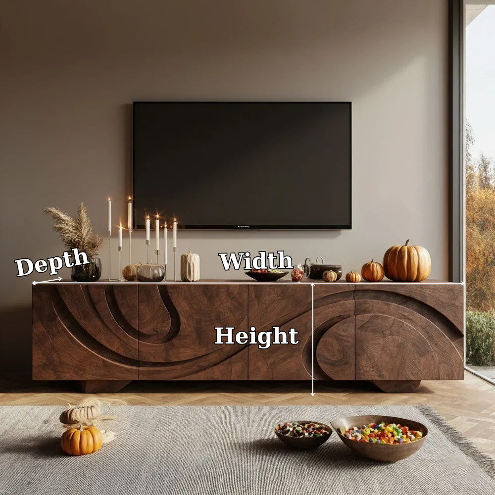 Solid Wood TV Stand Modern Walnut Media Console with Sculpted Doors and Storage