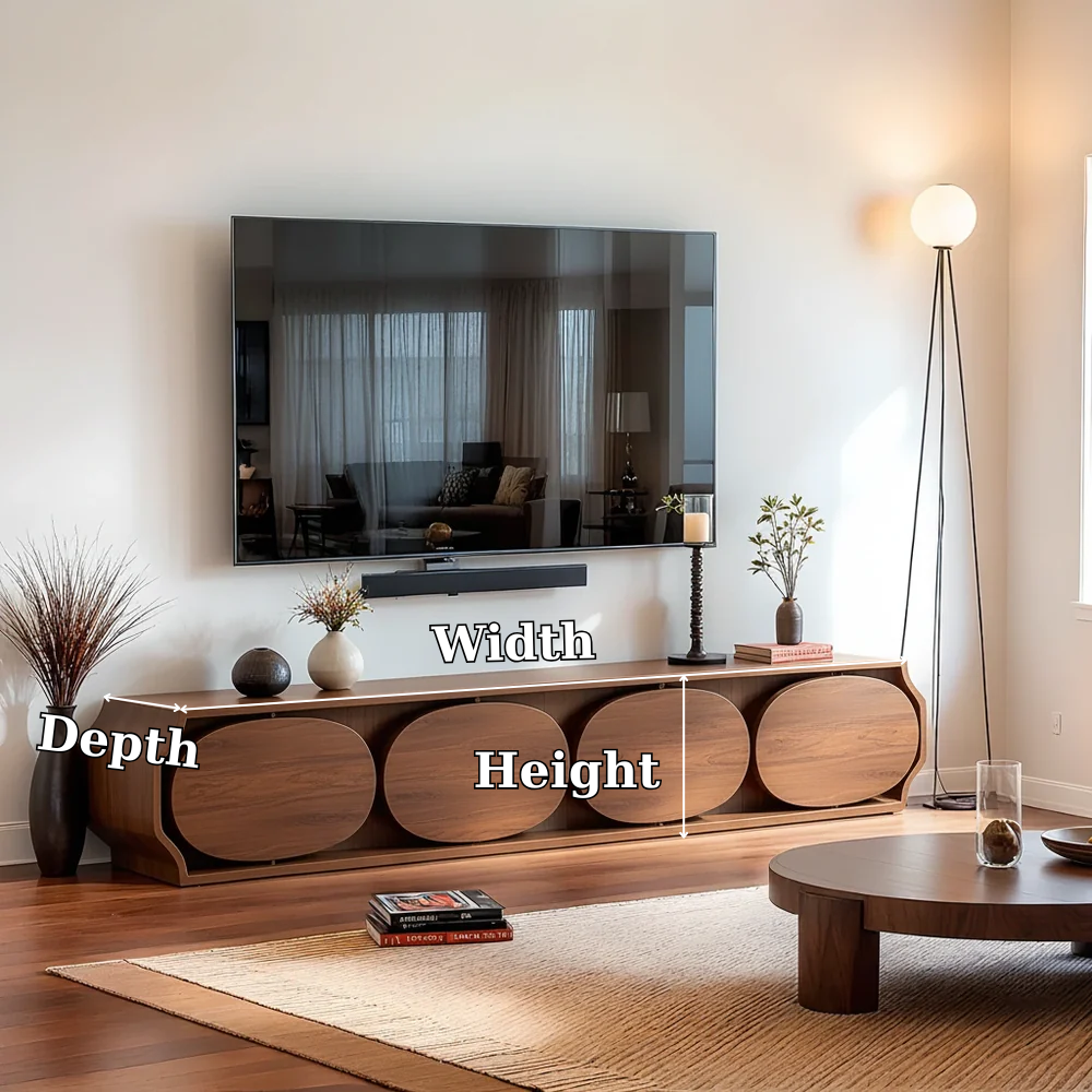 Solid Wood TV Stand Modern Walnut Media Console with Round Panel Doors and Storage