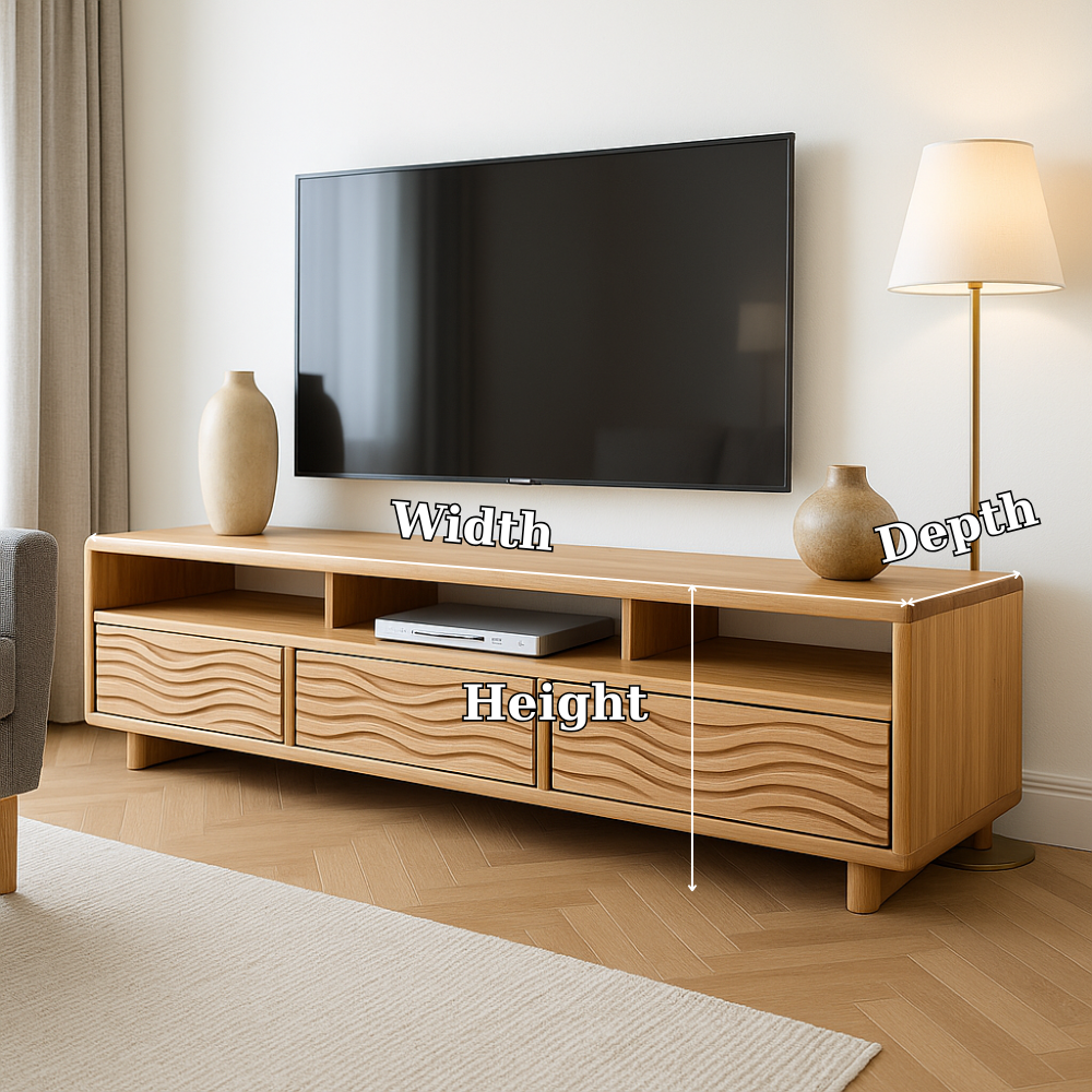 Solid Wood TV Stand Modern Oak Media Console with Wave Drawers and Open Storage