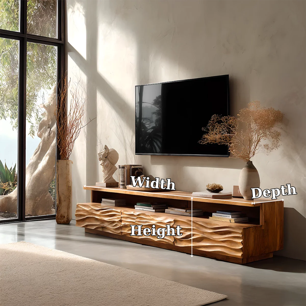 Solid Wood TV Stand Modern Oak Media Console with Carved Wave Doors and Storage