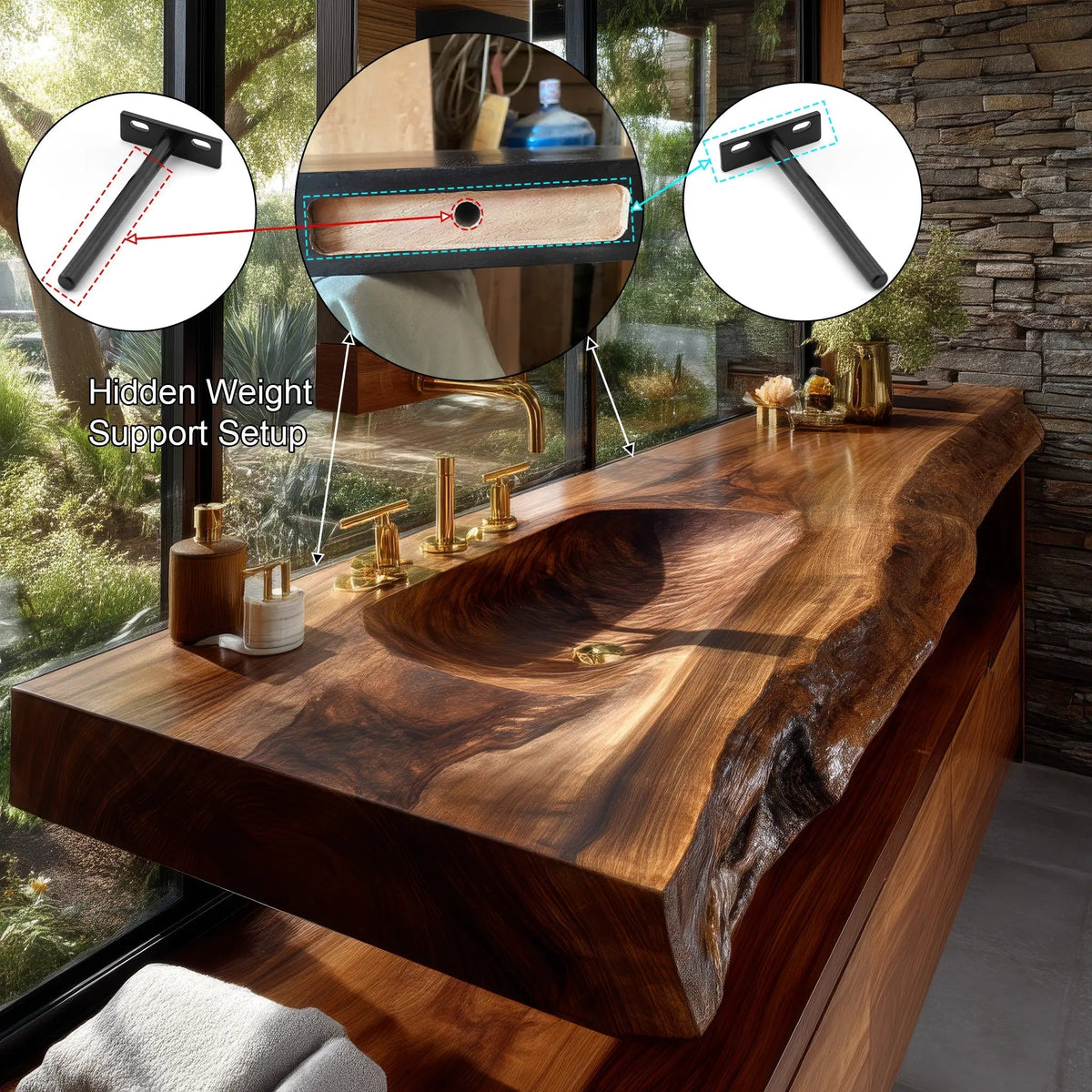 Valdren Sculpted Live Edge Solid Wood Floating Bathroom Vanity with Integrated Sink SPA354346 Kitchnce