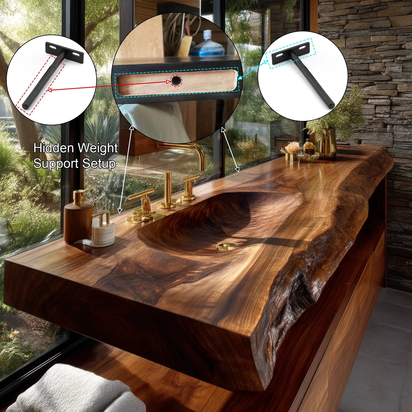 Valdren Sculpted Live Edge Solid Wood Floating Bathroom Vanity with Integrated Sink SPA354346 Kitchnce