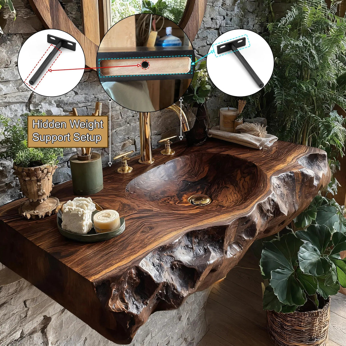 Valthera Live Edge Solid Wood Floating Bathroom Vanity with Integrated Sink SPA235756 Kitchnce