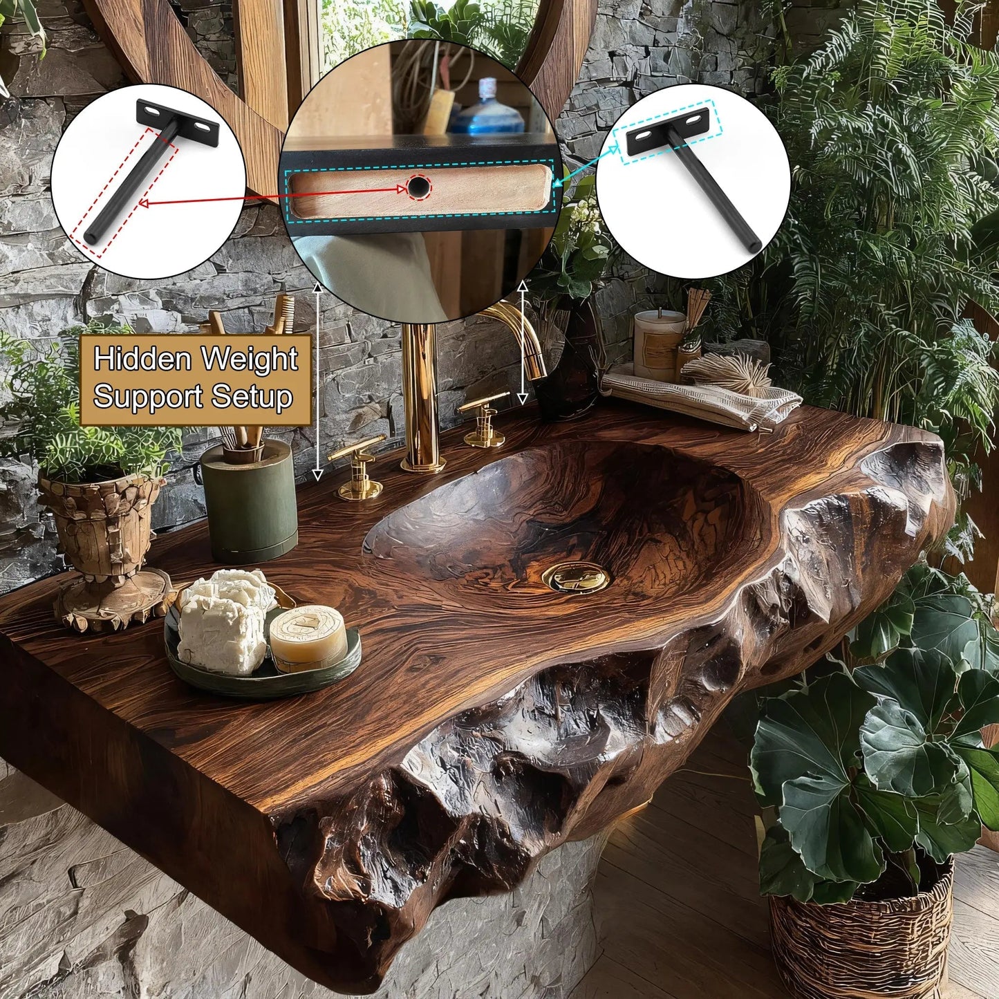 Valthera Live Edge Solid Wood Floating Bathroom Vanity with Integrated Sink SPA235756 Kitchnce