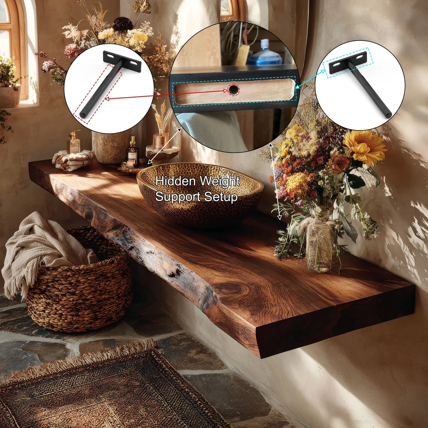 Zavaro Handcrafted Live Edge Solid Wood Floating Bathroom Vanity SPA245625 Kitchnce