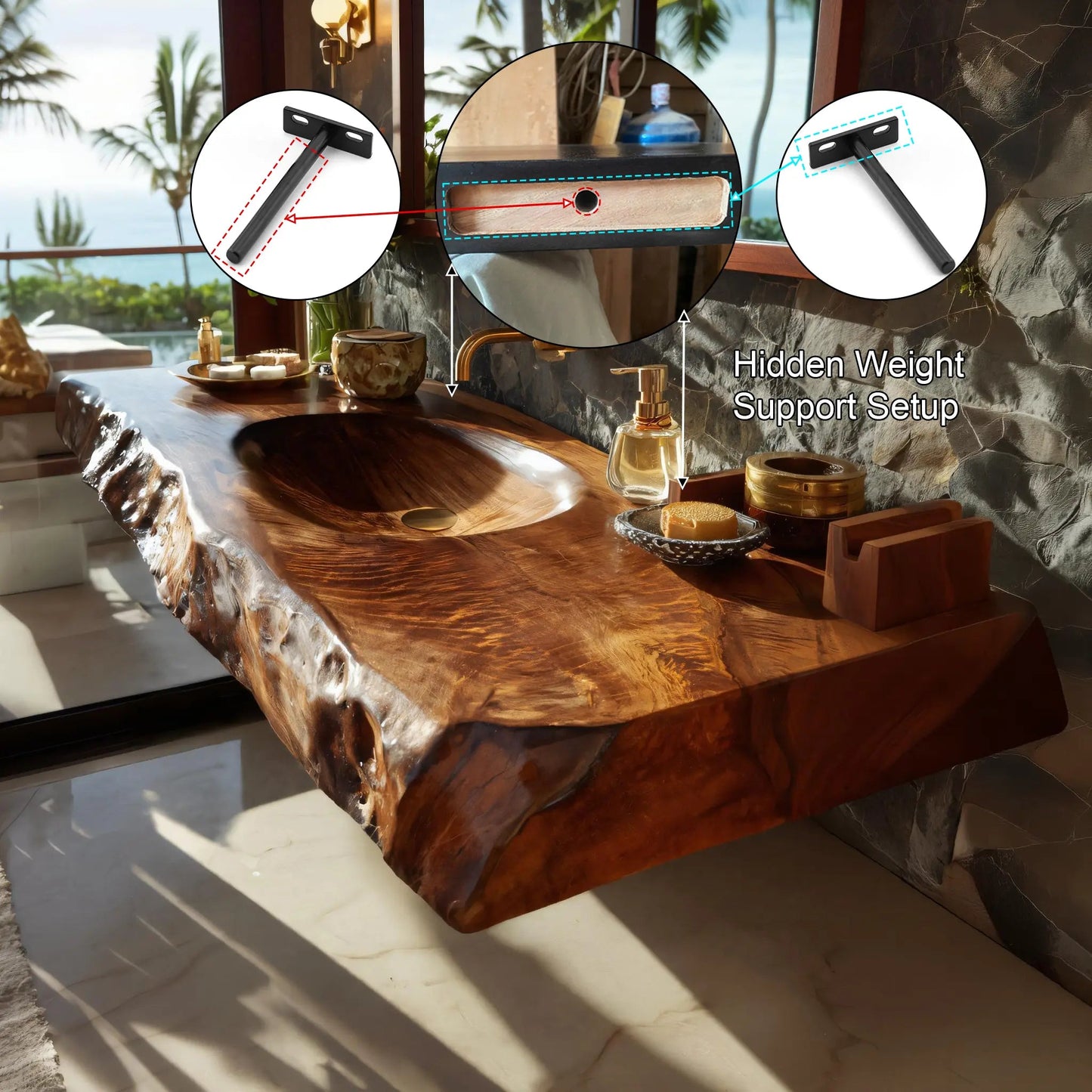 Zerona Live Edge Solid Wood Floating Bathroom Vanity with Integrated Sink SPA353646 Kitchnce