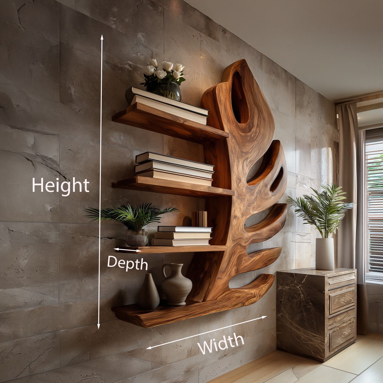 Organic Wooden Botanical Leaf Floating Bookshelf For Living Furniture Kitchnce