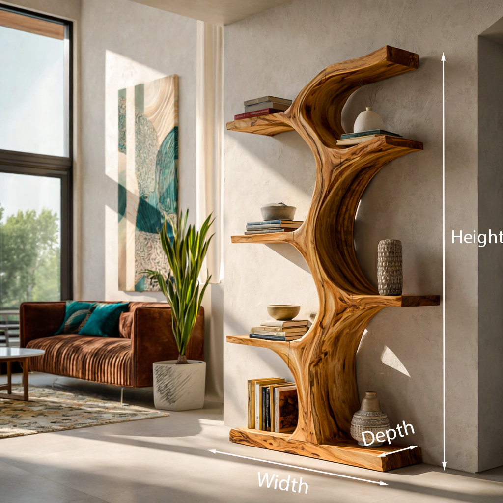 Organic Wooden Bookshelf With Branch Form For Living Room Kitchnce