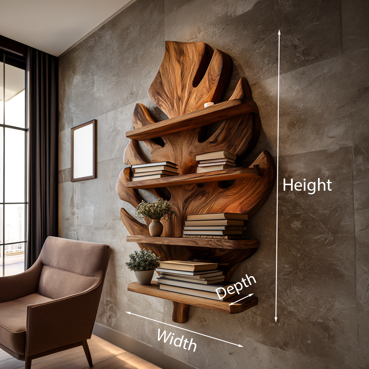 Wooden Tropical Leaf Wall Bookshelf For Living Room Kitchnce