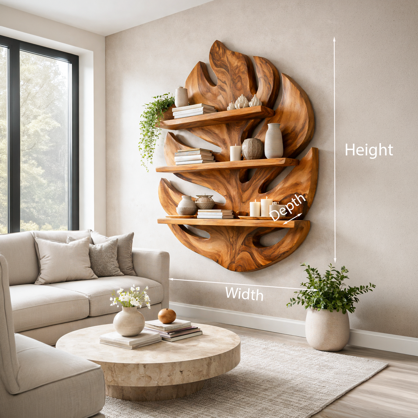 Monstera Leaf Wooden Bookshelf for Living Wall Decor Kitchnce