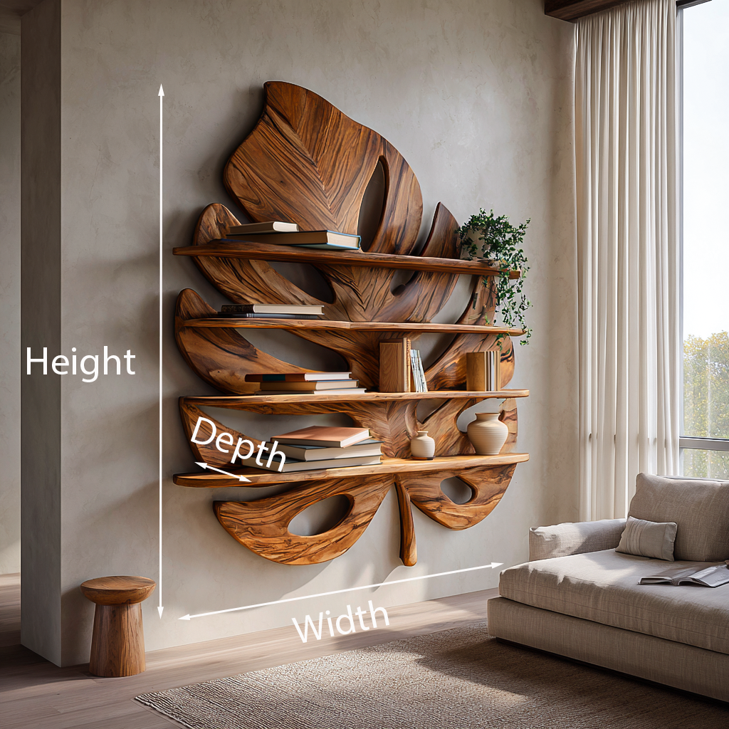 Artistic Wooden Tropical Leaf Wall Mounted Bookshelf For Home Decor Kitchnce