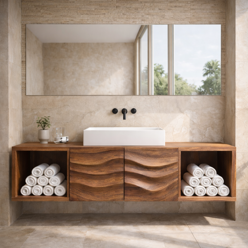 Floating Solid Wood Bathroom Vanity with Wave Textured Doors and Open Shelves