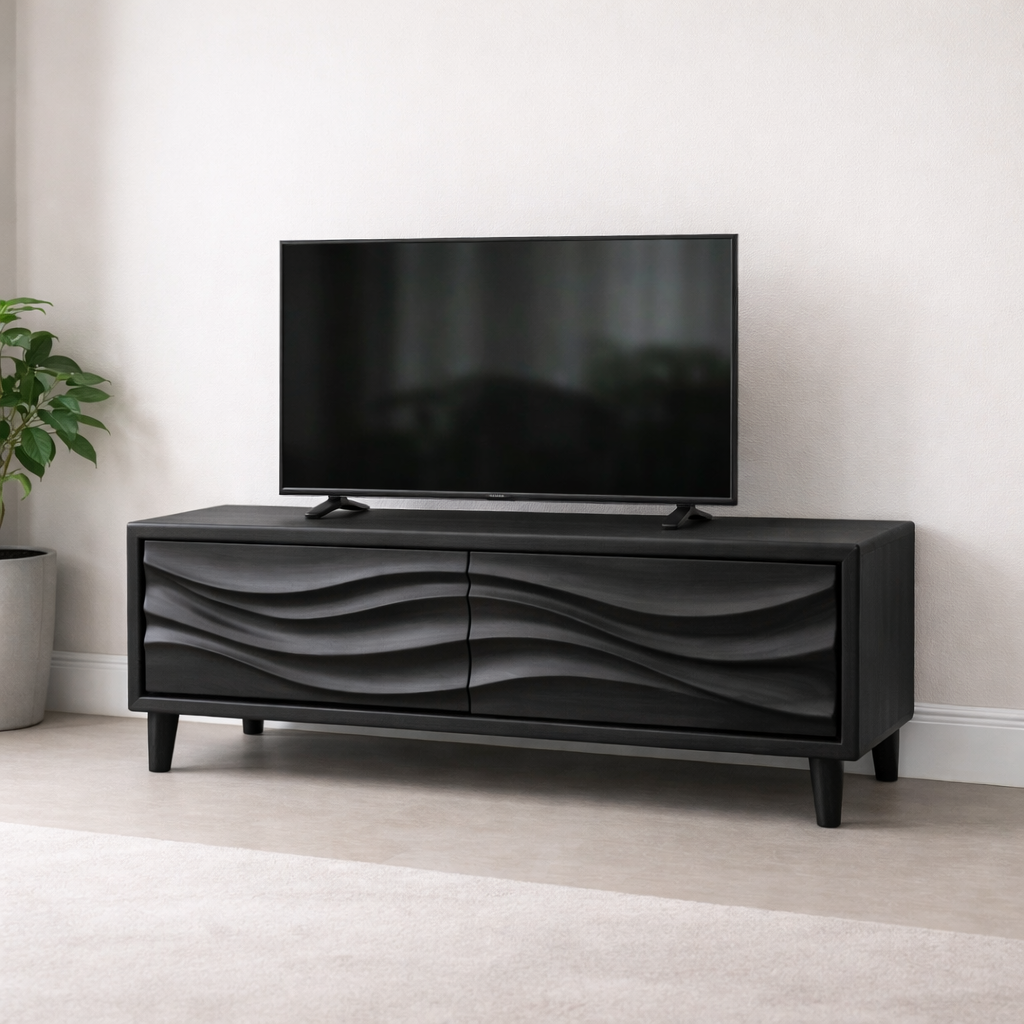 Solid Wood TV Stand for Modern Living Room with Wave Textured Front