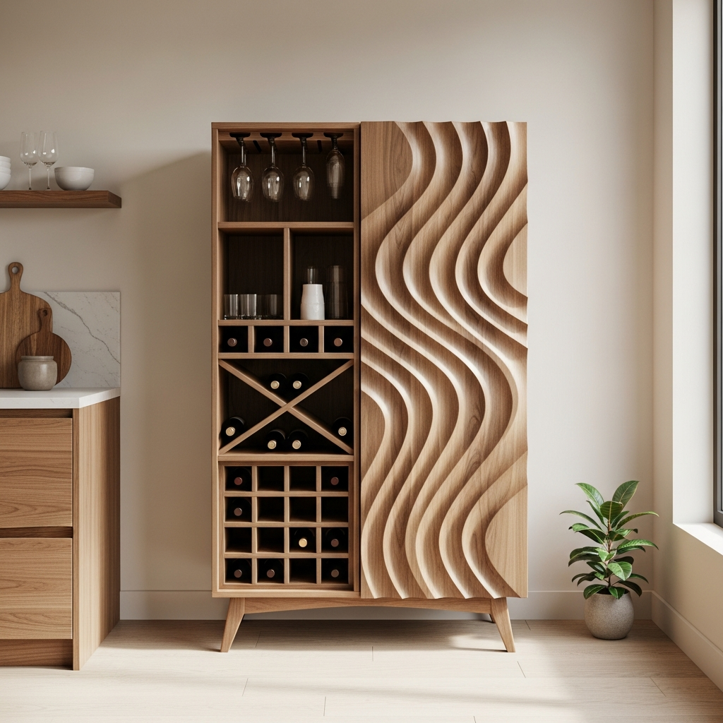 Solid Wood Wine Cabinet with Wave Carved Door and Bottle Storage Rack