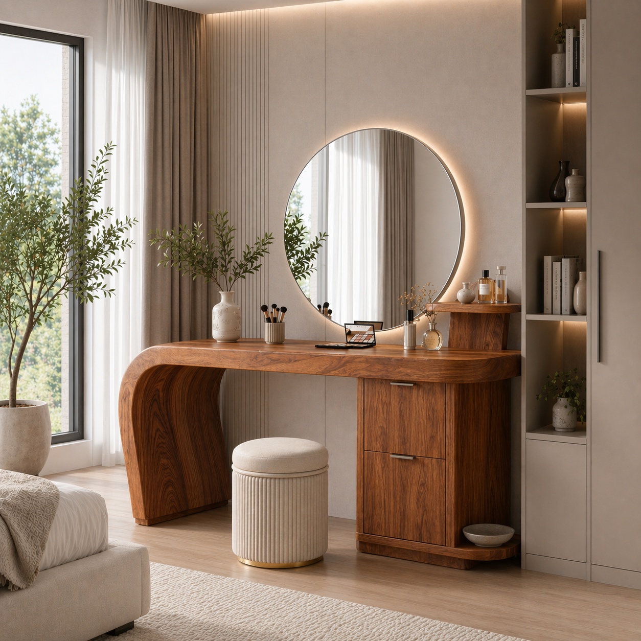 Solid Wood Makeup Vanity Desk with Curved Base and Storage Cabinet