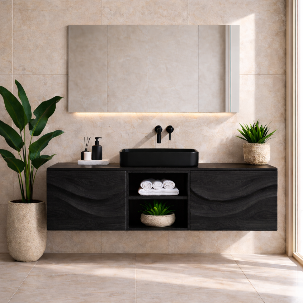 Floating Walnut Bathroom Vanity, Wall Mounted Wood Vanity Cabinet with Open Shelf