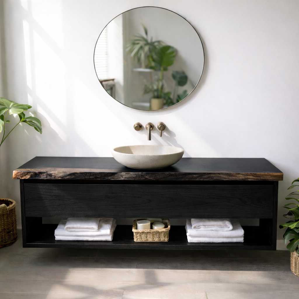 Floating Solid Wood Bathroom Vanity with Drawer and Open Shelf, Wall Mounted Wood Vanity