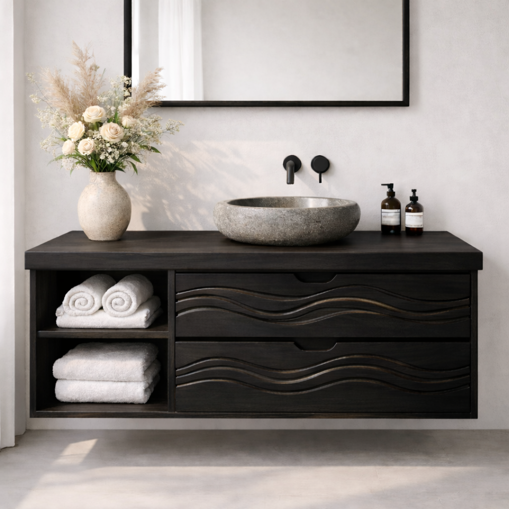 Floating Solid Wood Bathroom Vanity with Wave Drawer Front, Wall Mounted Wood Vanity with Open Shelf
