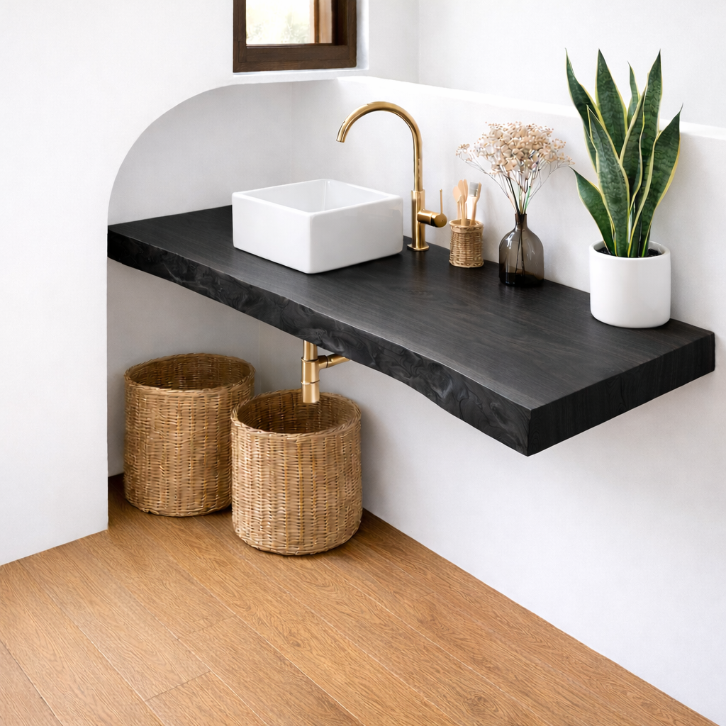 Floating Solid Wood Bathroom Vanity with Live Edge Top and Vessel Sink – Wall Mounted Vanity