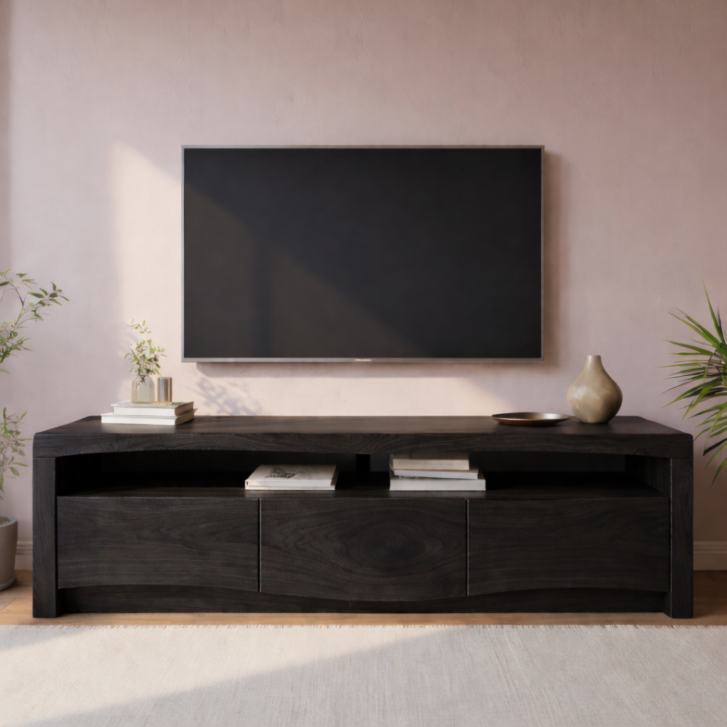 Modern Solid Wood TV Stand with Live Edge Top – Walnut Media Console Cabinet