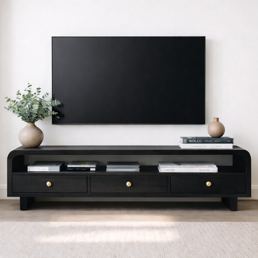 Mid Century Walnut TV Stand with Drawers – Solid Wood Media Console Cabinet