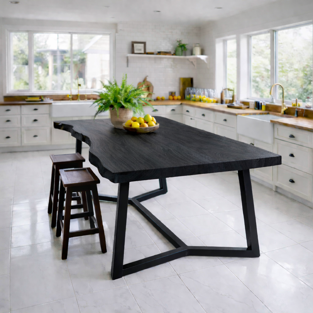 Live Edge Solid Wood Dining Table with Modern Black Metal Legs Rustic Kitchen Table