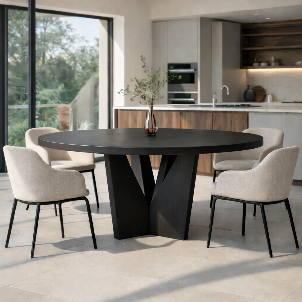 Round Solid Wood Dining Table with Sculptural Base Modern Walnut Kitchen Table