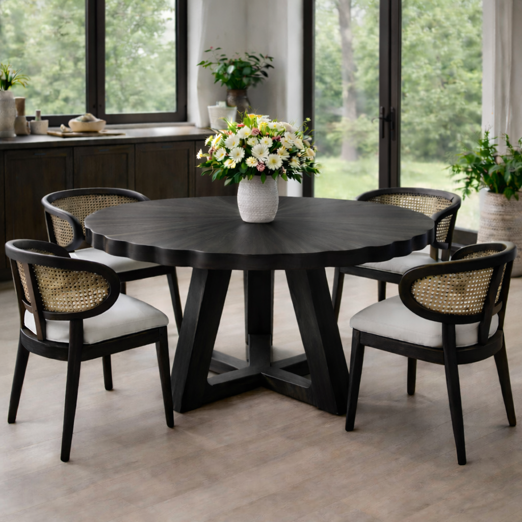 Round Solid Wood Dining Table with Scalloped Edge and Sculptural Base