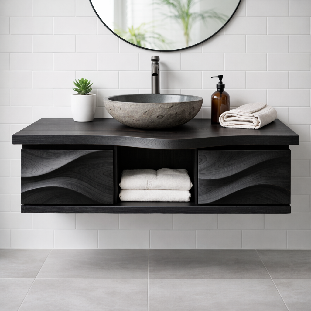 Floating Solid Wood Bathroom Vanity with Sculpted Wavy Front and Open Shelf