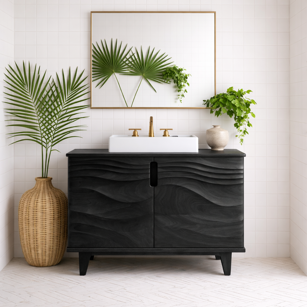 Solid Wood Bathroom Vanity for Modern Bathroom with Wave Textured Doors