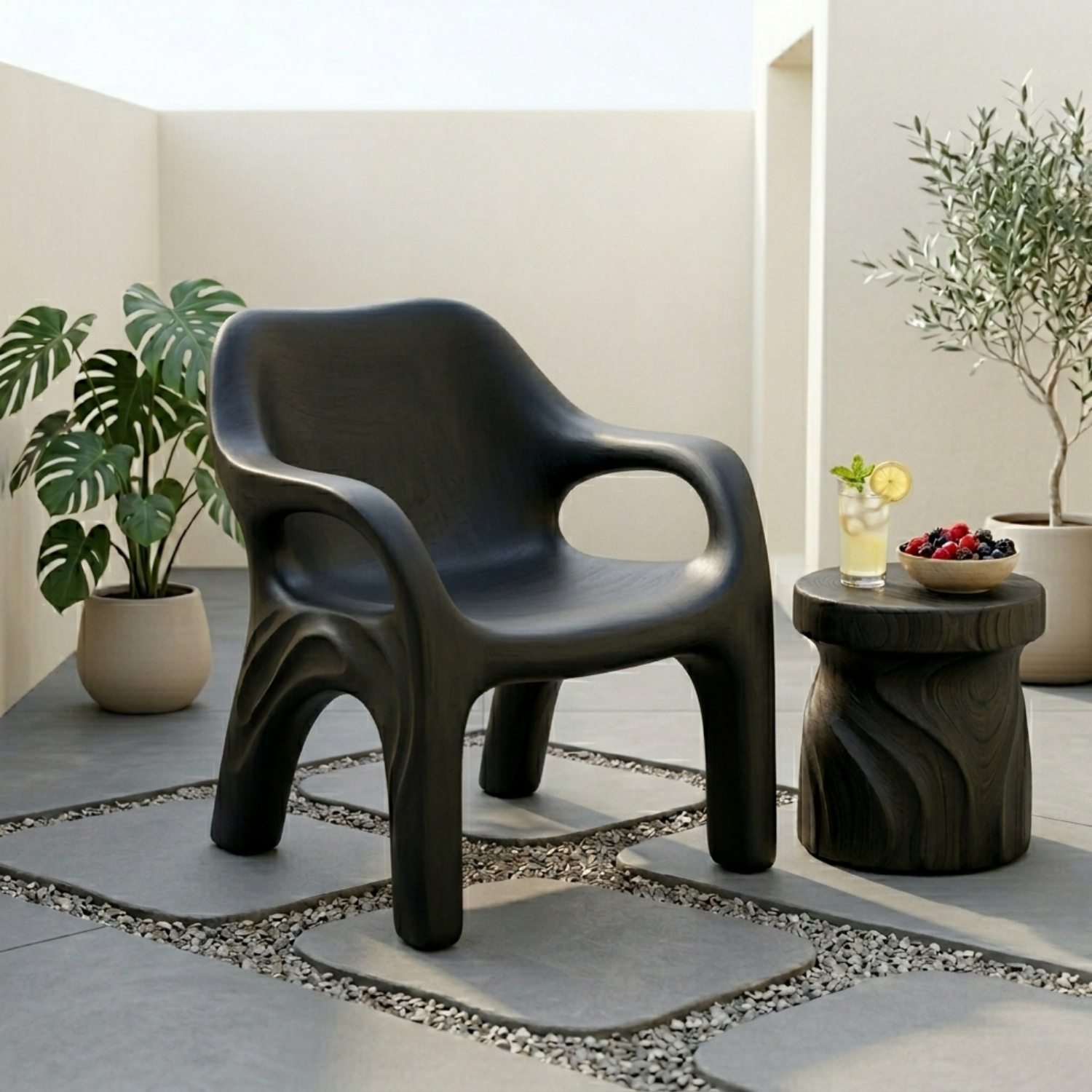 Handcrafted Solid Wood Armchair – Sculptural Organic Curve Accent Chair