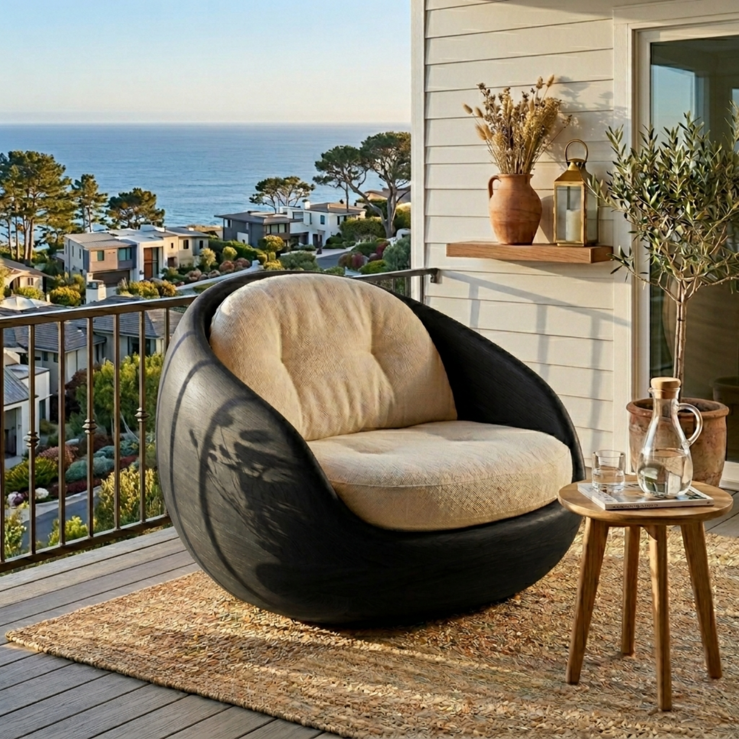 Handcrafted Solid Wood Lounge Chair – Sculptural Curved Barrel Accent Chair