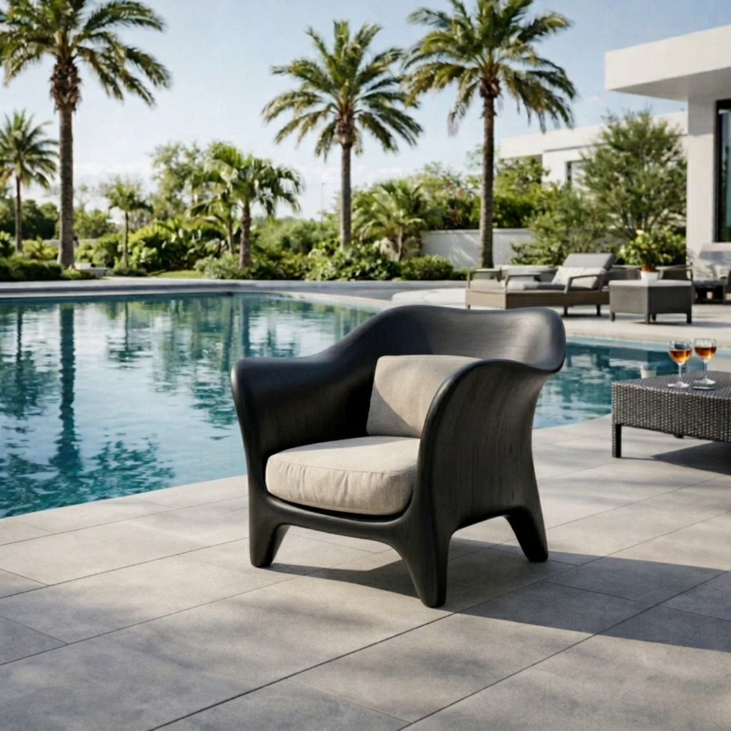 Handcrafted Solid Wood Lounge Chair – Sculpted Curved Outdoor Accent Chair